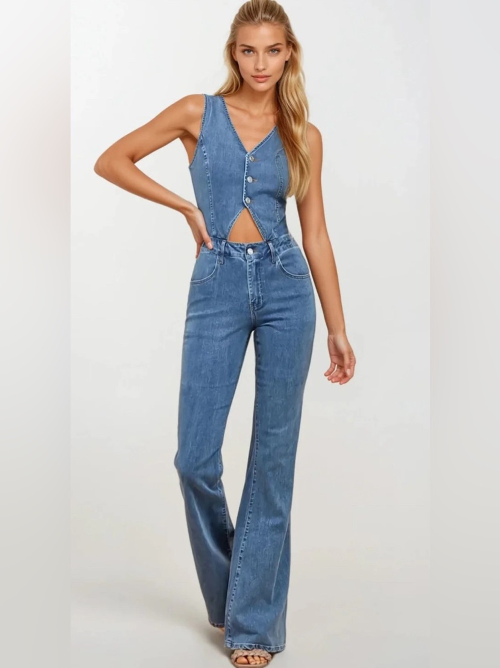 Wisteria Lane Women’s Cotton Blend  Cut Out Bootcut Denim Jumpsuit Size L